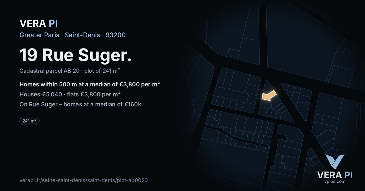 19 Rue Suger, Saint-Denis at night – the plot lit, the parcels around coloured by the prices near them