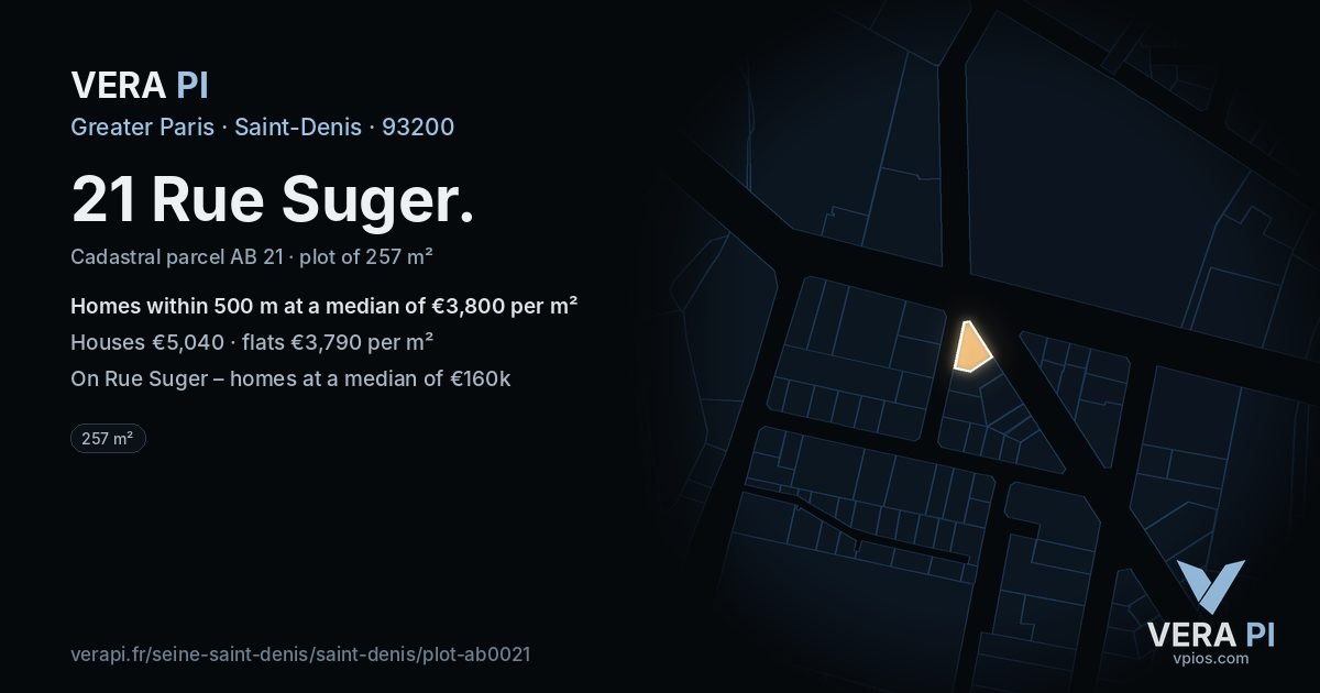 21 Rue Suger, Saint-Denis at night – the plot lit, the parcels around coloured by the prices near them