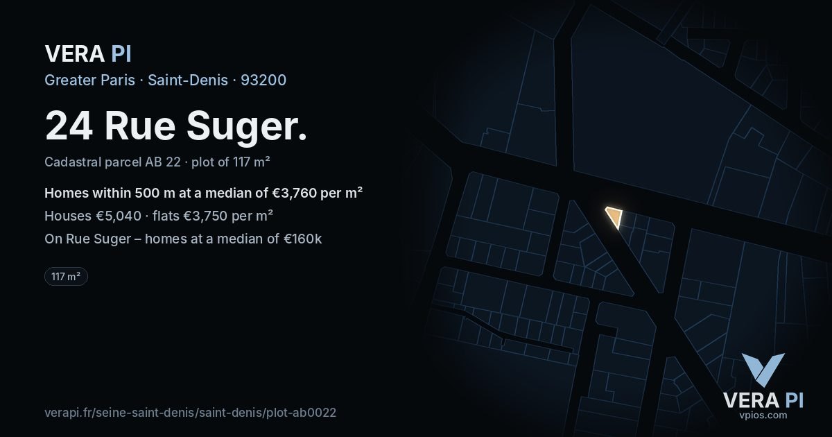24 Rue Suger, Saint-Denis at night – the plot lit, the parcels around coloured by the prices near them