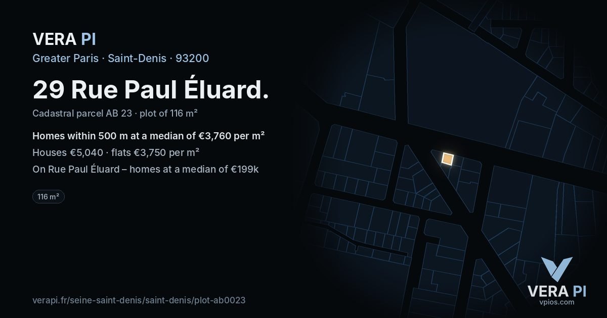 29 Rue Paul Éluard, Saint-Denis at night – the plot lit, the parcels around coloured by the prices near them