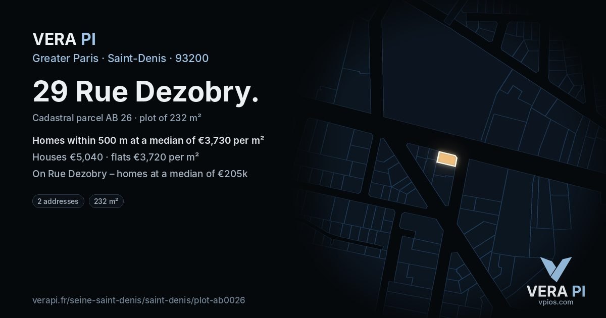 29 Rue Dezobry, Saint-Denis at night – the plot lit, the parcels around coloured by the prices near them