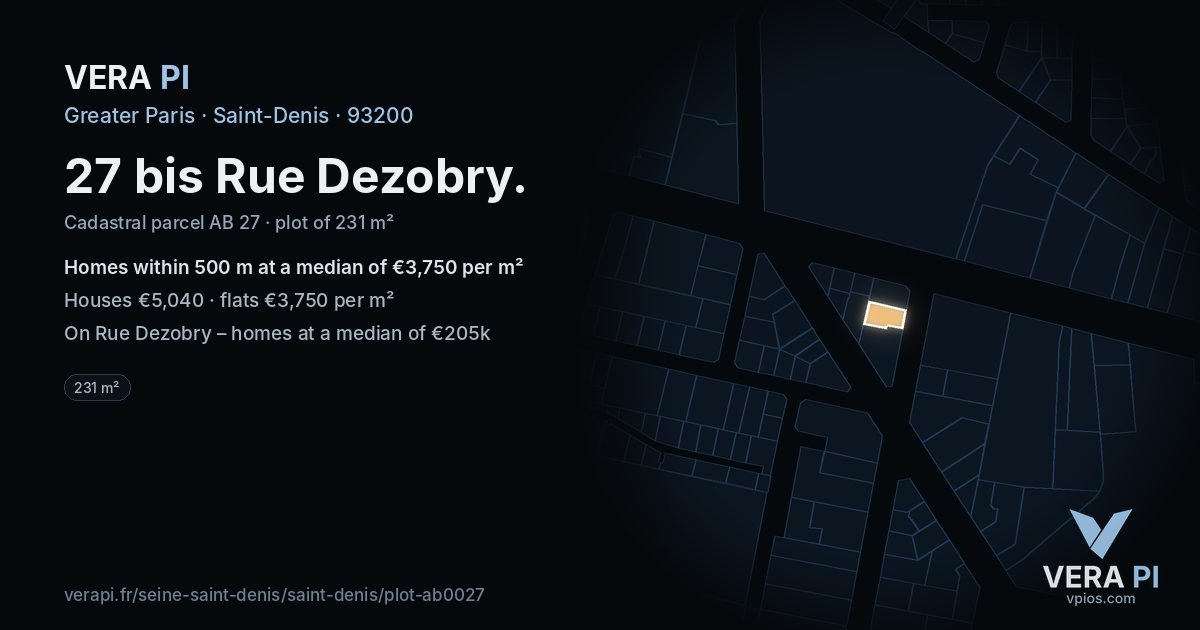 27 bis Rue Dezobry, Saint-Denis at night – the plot lit, the parcels around coloured by the prices near them