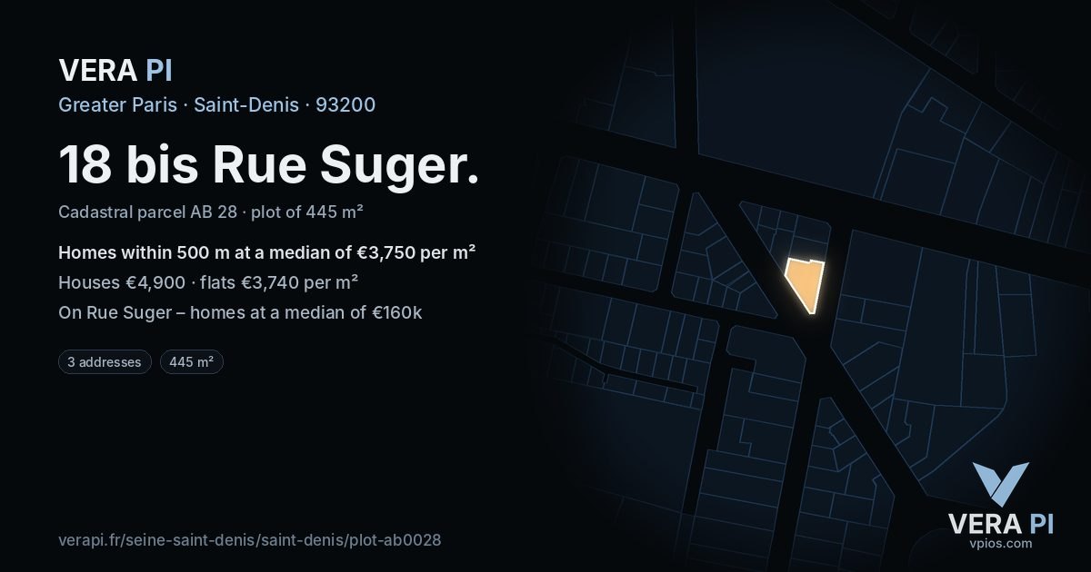 18 bis Rue Suger, Saint-Denis at night – the plot lit, the parcels around coloured by the prices near them