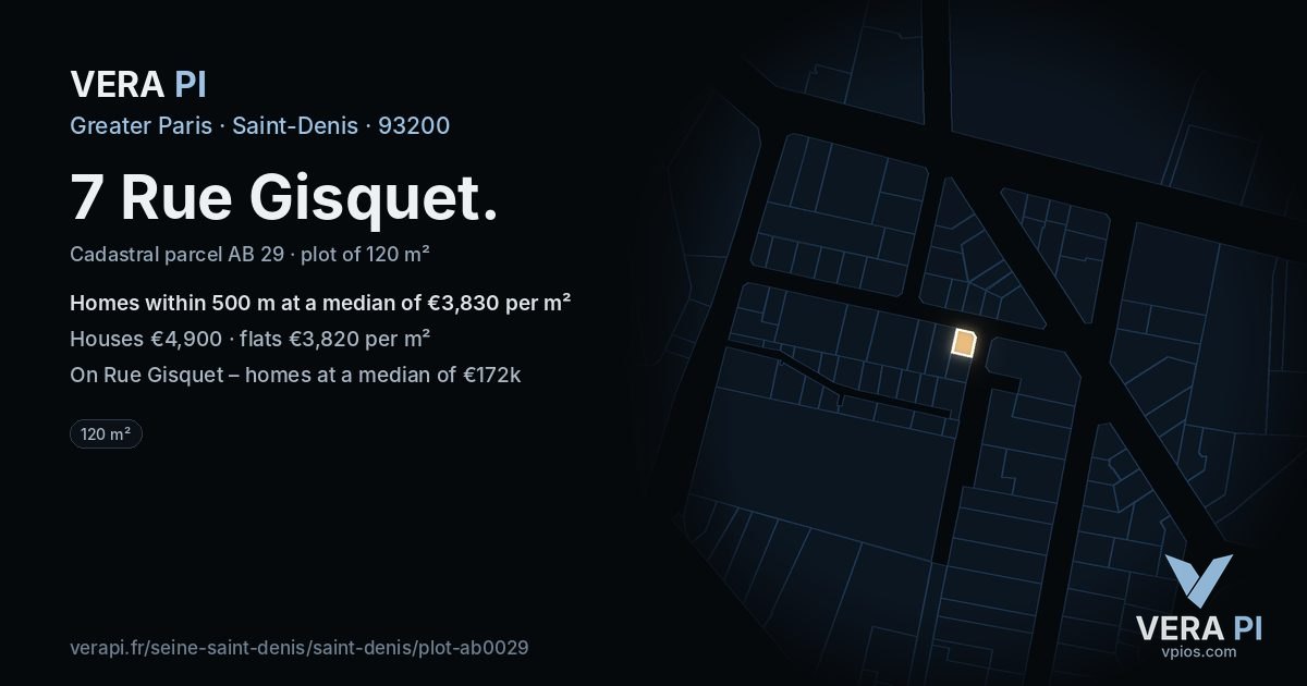 7 Rue Gisquet, Saint-Denis at night – the plot lit, the parcels around coloured by the prices near them