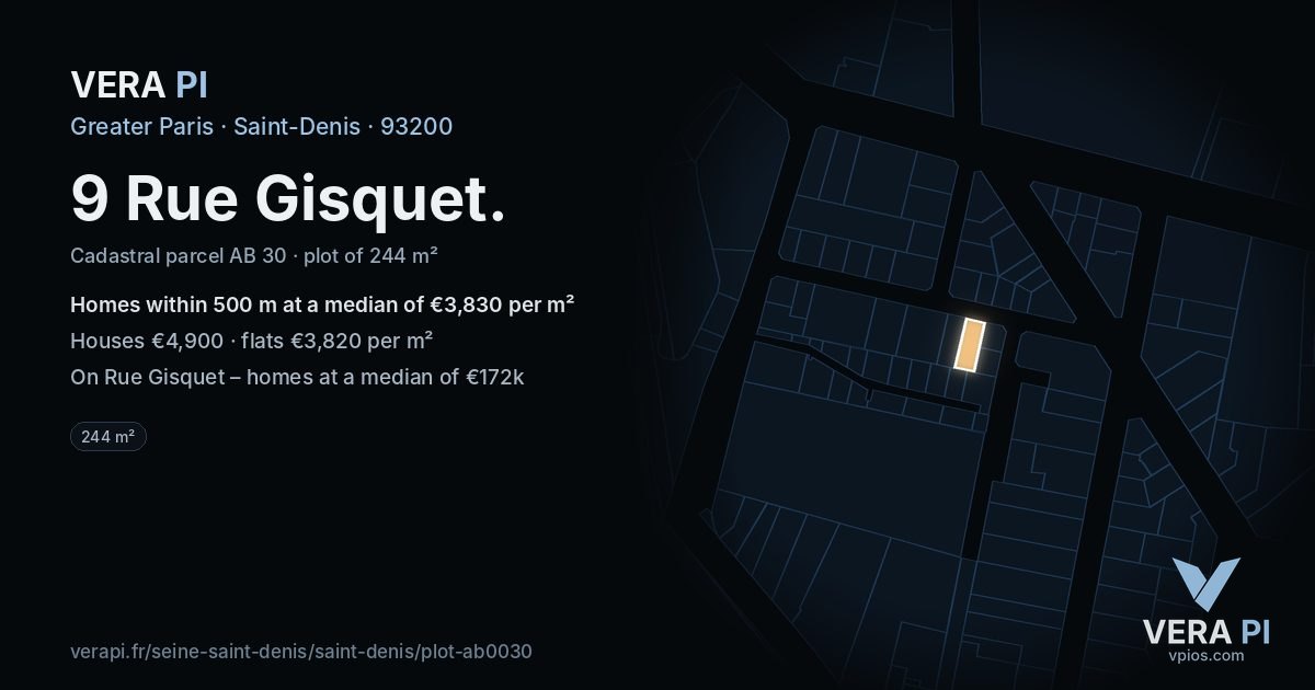 9 Rue Gisquet, Saint-Denis at night – the plot lit, the parcels around coloured by the prices near them