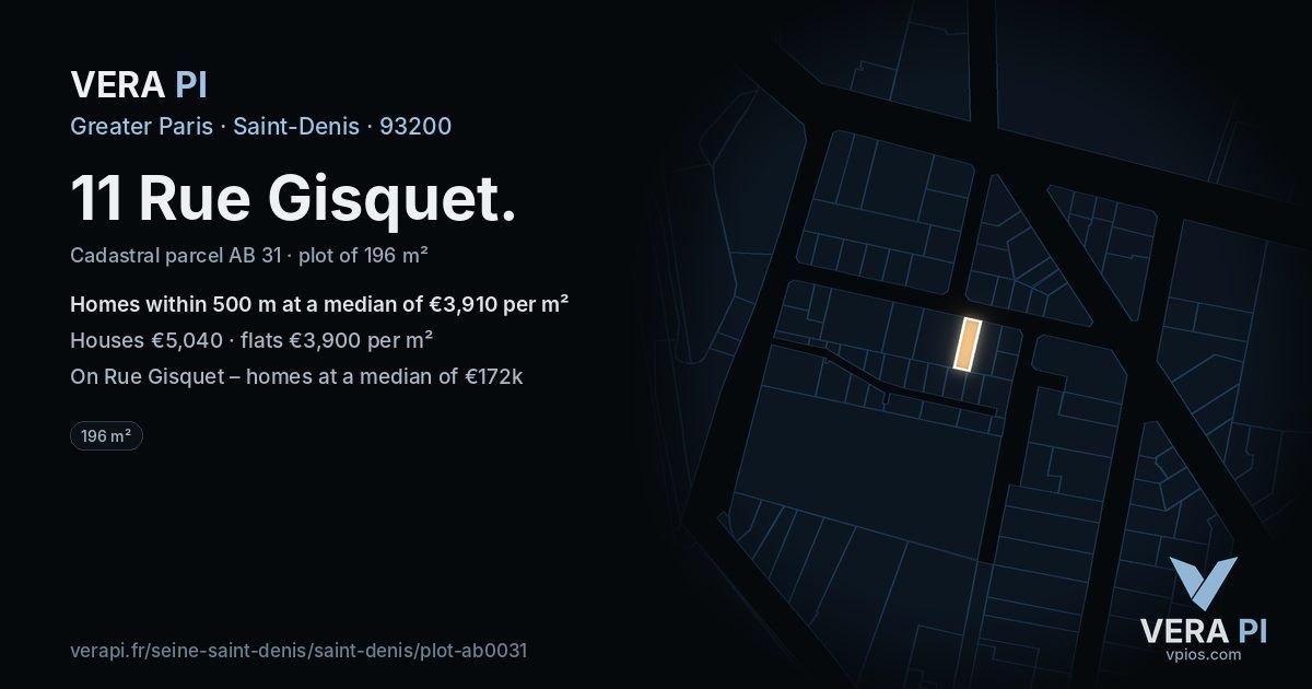 11 Rue Gisquet, Saint-Denis at night – the plot lit, the parcels around coloured by the prices near them