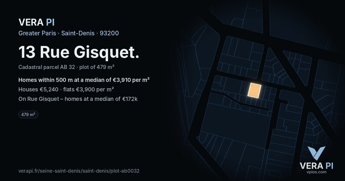 13 Rue Gisquet, Saint-Denis at night – the plot lit, the parcels around coloured by the prices near them