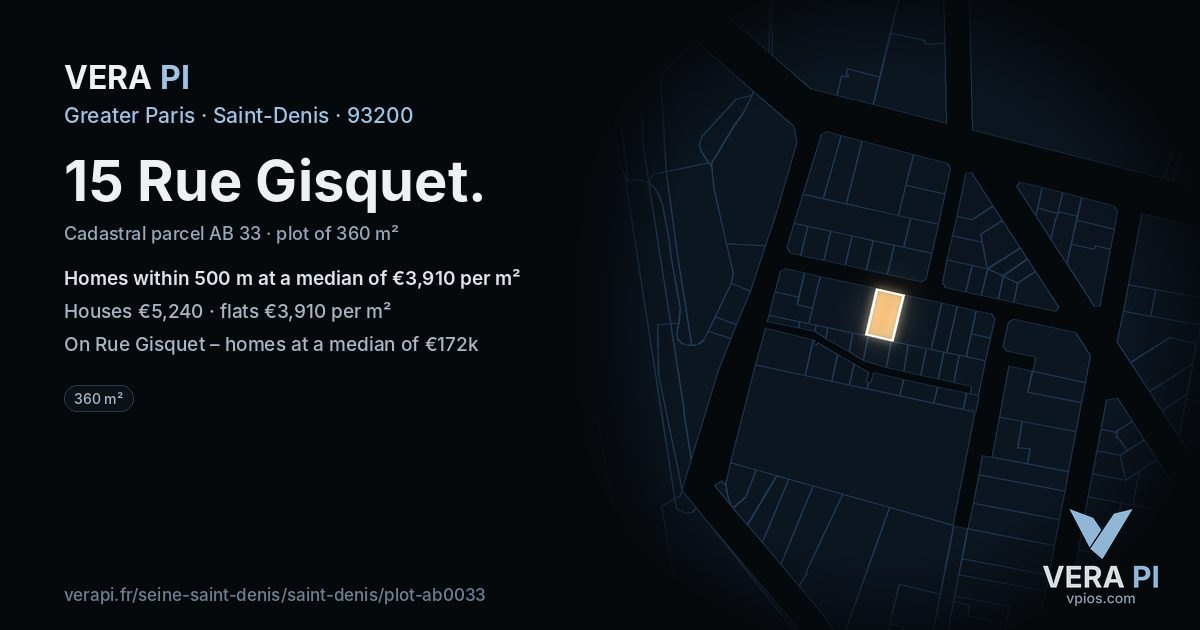15 Rue Gisquet, Saint-Denis at night – the plot lit, the parcels around coloured by the prices near them