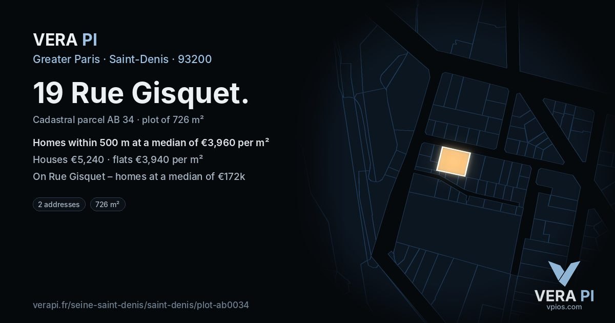 19 Rue Gisquet, Saint-Denis at night – the plot lit, the parcels around coloured by the prices near them