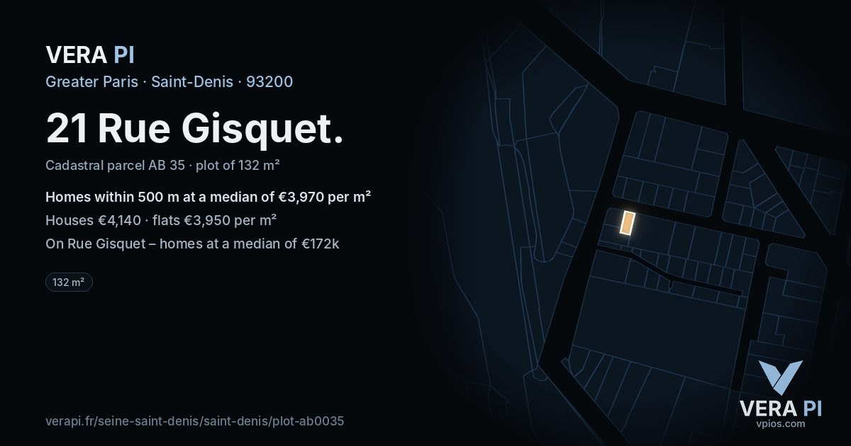 21 Rue Gisquet, Saint-Denis at night – the plot lit, the parcels around coloured by the prices near them