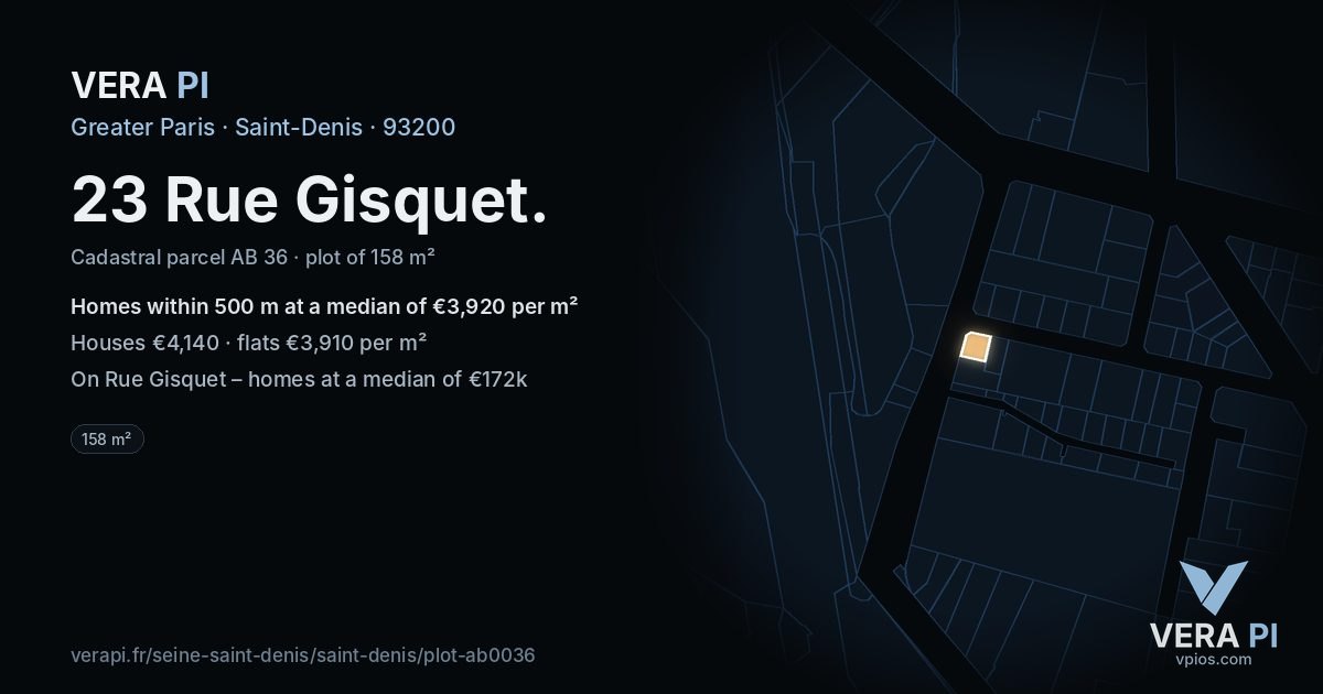 23 Rue Gisquet, Saint-Denis at night – the plot lit, the parcels around coloured by the prices near them