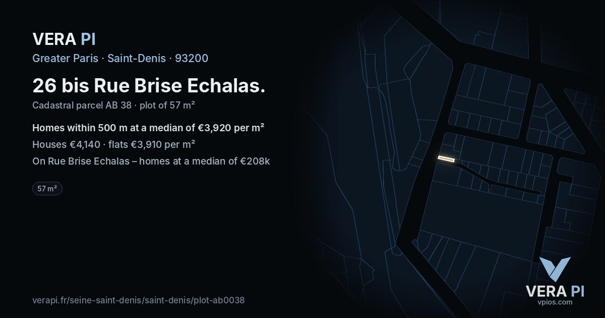 26 bis Rue Brise Echalas, Saint-Denis at night – the plot lit, the parcels around coloured by the prices near them