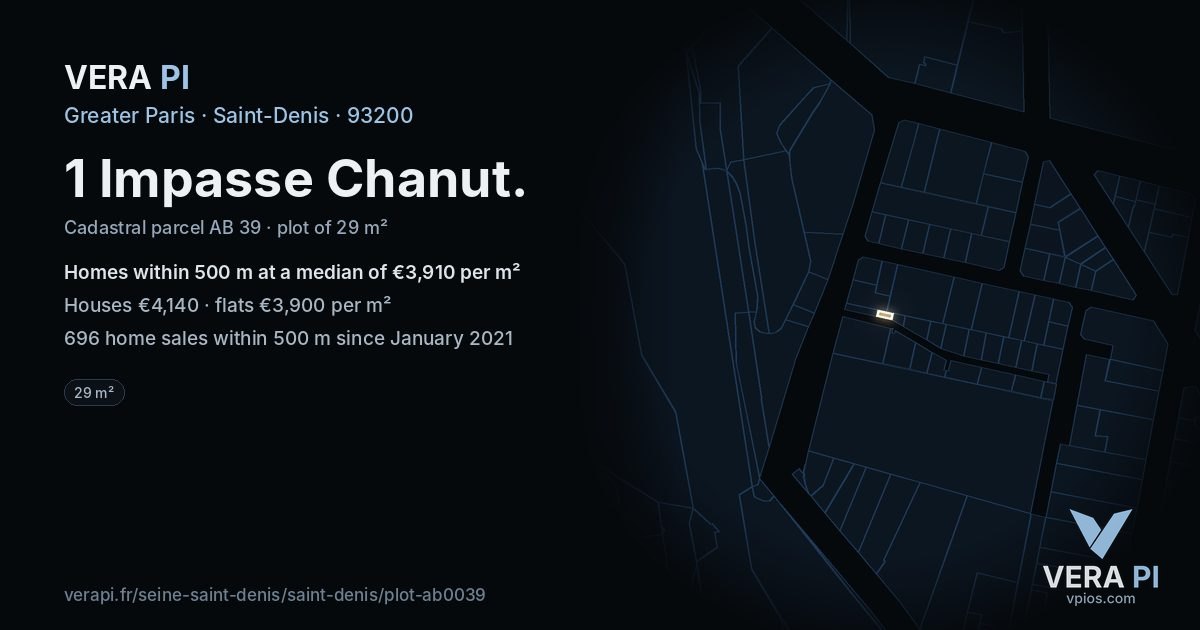 1 Impasse Chanut, Saint-Denis at night – the plot lit, the parcels around coloured by the prices near them