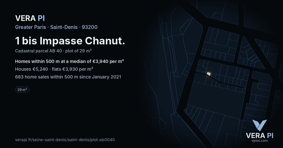 1 bis Impasse Chanut, Saint-Denis at night – the plot lit, the parcels around coloured by the prices near them