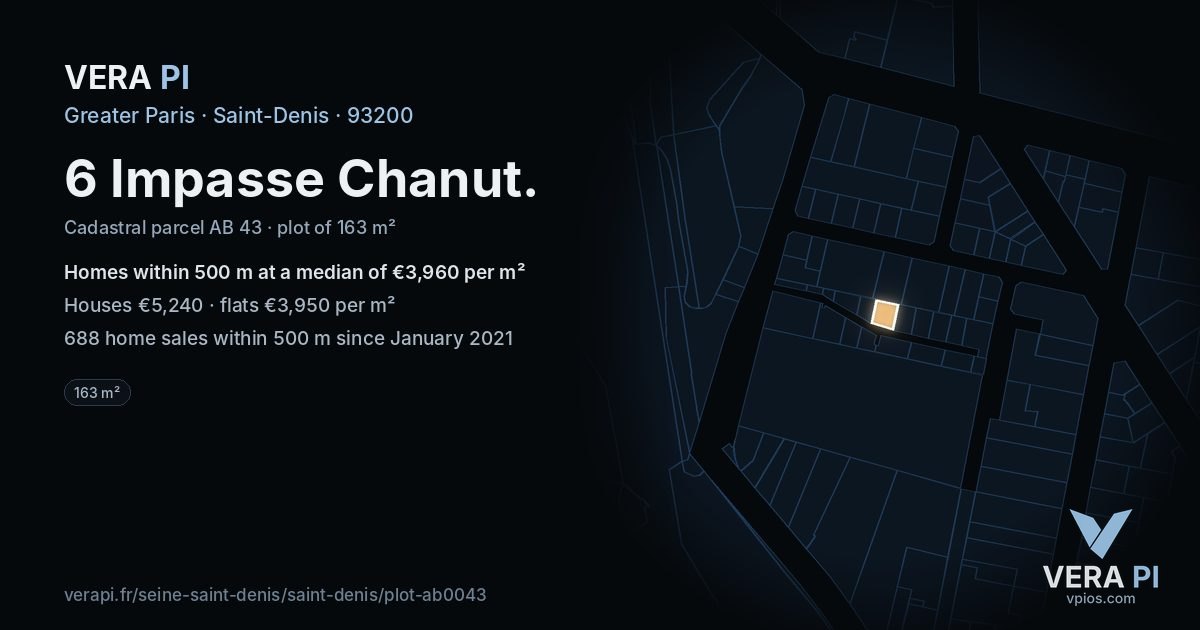 6 Impasse Chanut, Saint-Denis at night – the plot lit, the parcels around coloured by the prices near them