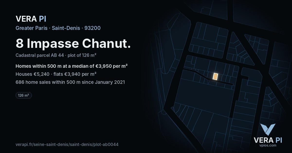 8 Impasse Chanut, Saint-Denis at night – the plot lit, the parcels around coloured by the prices near them