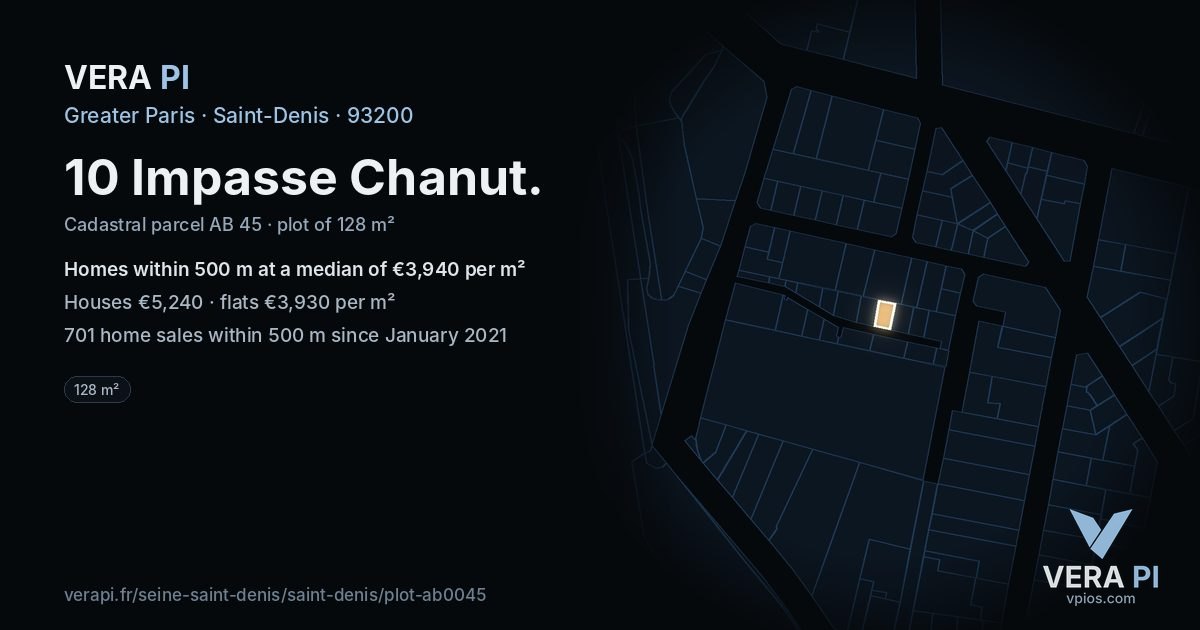 10 Impasse Chanut, Saint-Denis at night – the plot lit, the parcels around coloured by the prices near them