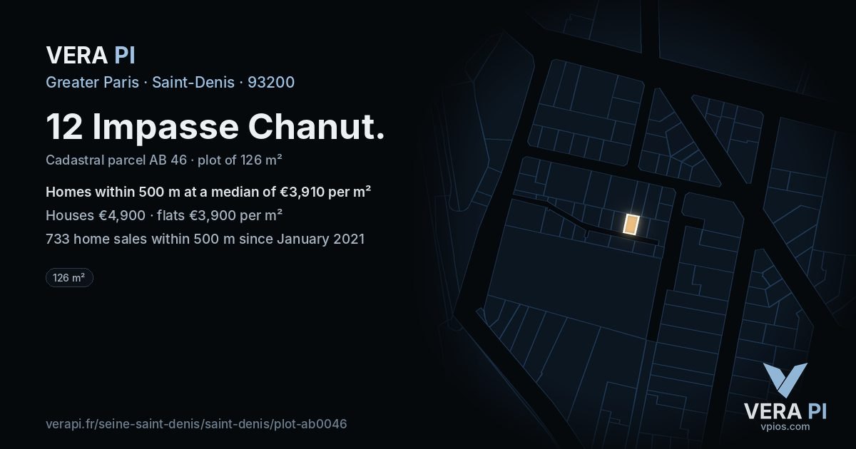 12 Impasse Chanut, Saint-Denis at night – the plot lit, the parcels around coloured by the prices near them