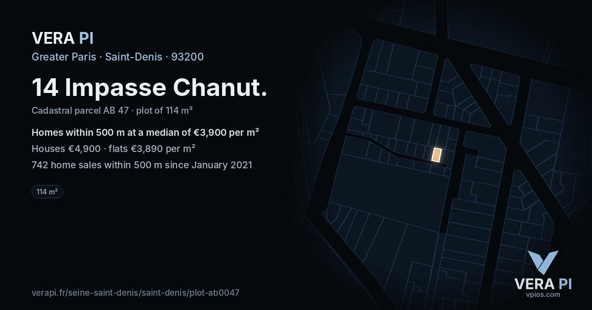 14 Impasse Chanut, Saint-Denis at night – the plot lit, the parcels around coloured by the prices near them