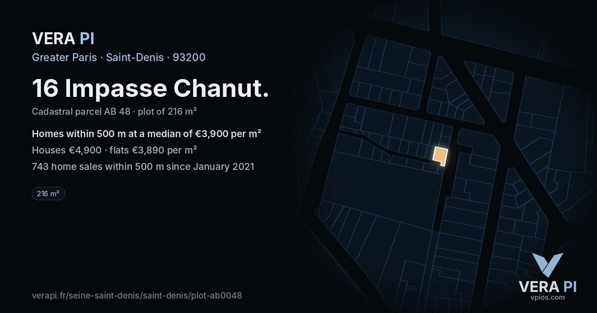 16 Impasse Chanut, Saint-Denis at night – the plot lit, the parcels around coloured by the prices near them