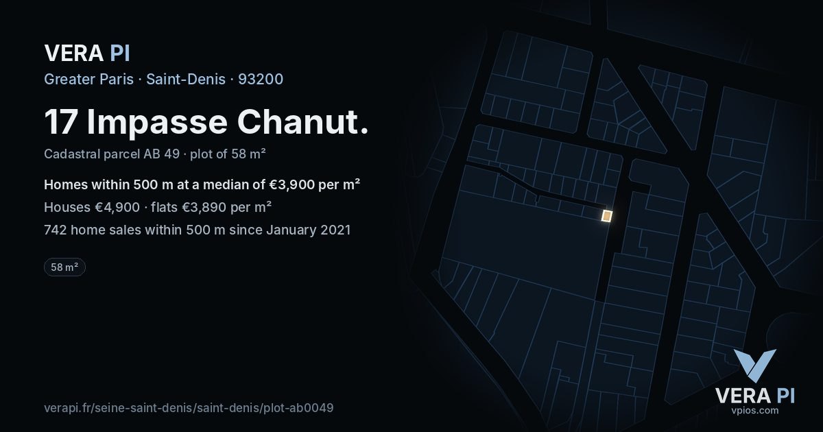 17 Impasse Chanut, Saint-Denis at night – the plot lit, the parcels around coloured by the prices near them