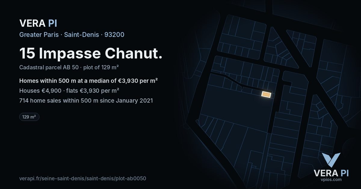 15 Impasse Chanut, Saint-Denis at night – the plot lit, the parcels around coloured by the prices near them