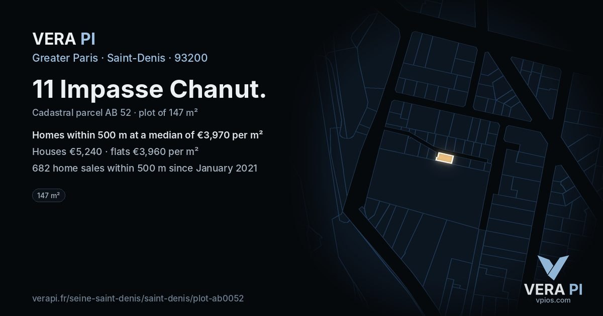 11 Impasse Chanut, Saint-Denis at night – the plot lit, the parcels around coloured by the prices near them