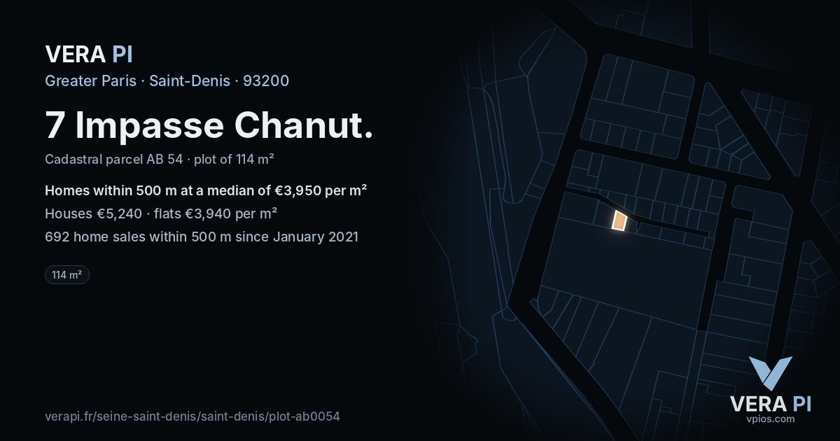 7 Impasse Chanut, Saint-Denis at night – the plot lit, the parcels around coloured by the prices near them