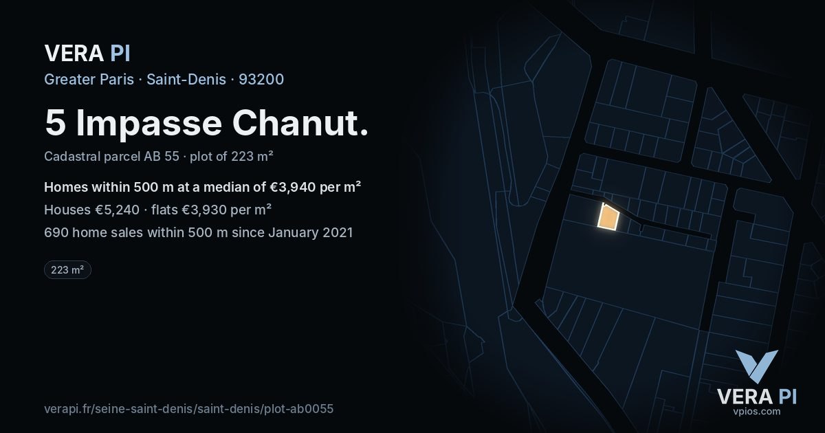 5 Impasse Chanut, Saint-Denis at night – the plot lit, the parcels around coloured by the prices near them