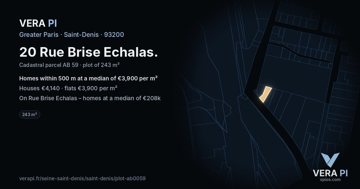 20 Rue Brise Echalas, Saint-Denis at night – the plot lit, the parcels around coloured by the prices near them