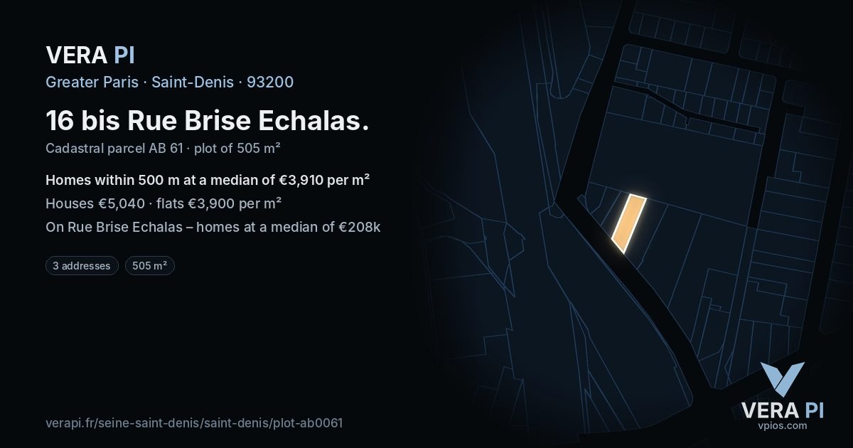 16 bis Rue Brise Echalas, Saint-Denis at night – the plot lit, the parcels around coloured by the prices near them