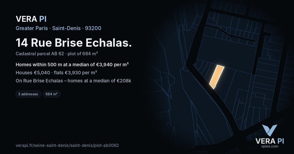 14 Rue Brise Echalas, Saint-Denis at night – the plot lit, the parcels around coloured by the prices near them
