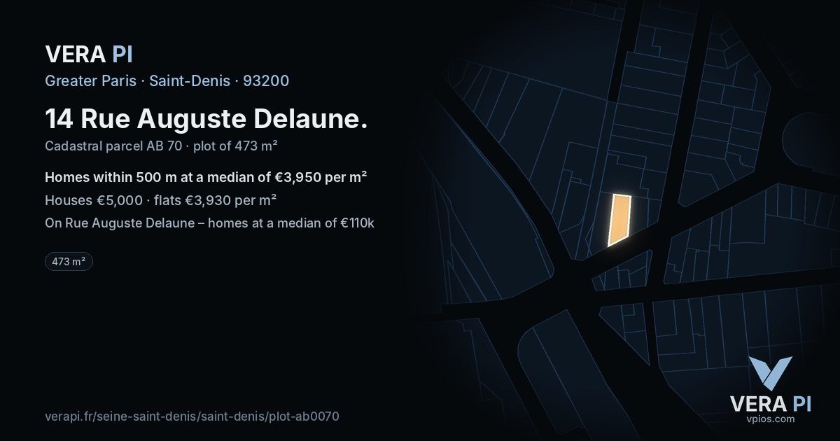 14 Rue Auguste Delaune, Saint-Denis at night – the plot lit, the parcels around coloured by the prices near them