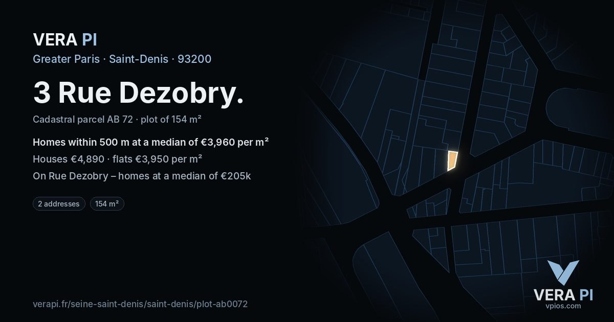 3 Rue Dezobry, Saint-Denis at night – the plot lit, the parcels around coloured by the prices near them