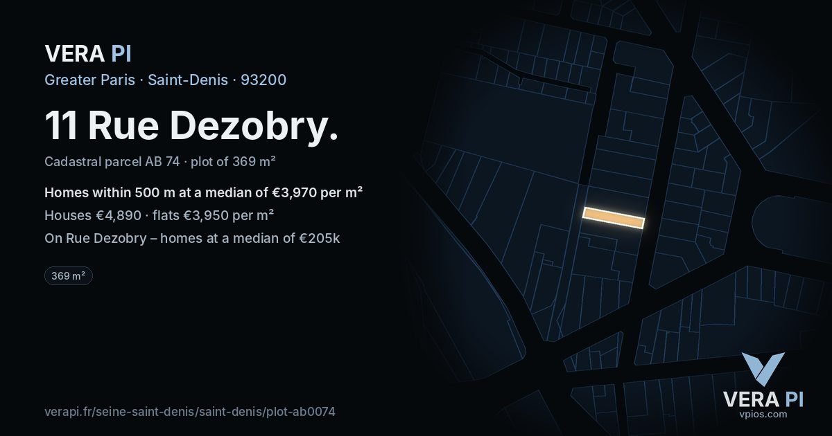 11 Rue Dezobry, Saint-Denis at night – the plot lit, the parcels around coloured by the prices near them