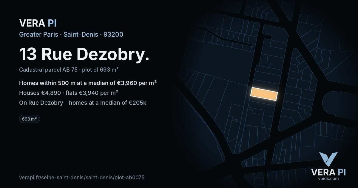 13 Rue Dezobry, Saint-Denis at night – the plot lit, the parcels around coloured by the prices near them