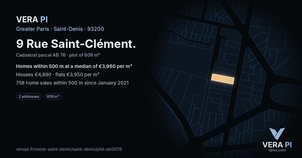 9 Rue Saint-Clément, Saint-Denis at night – the plot lit, the parcels around coloured by the prices near them