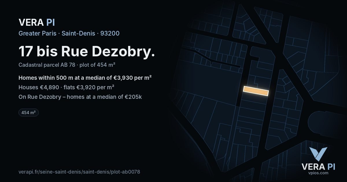 17 bis Rue Dezobry, Saint-Denis at night – the plot lit, the parcels around coloured by the prices near them