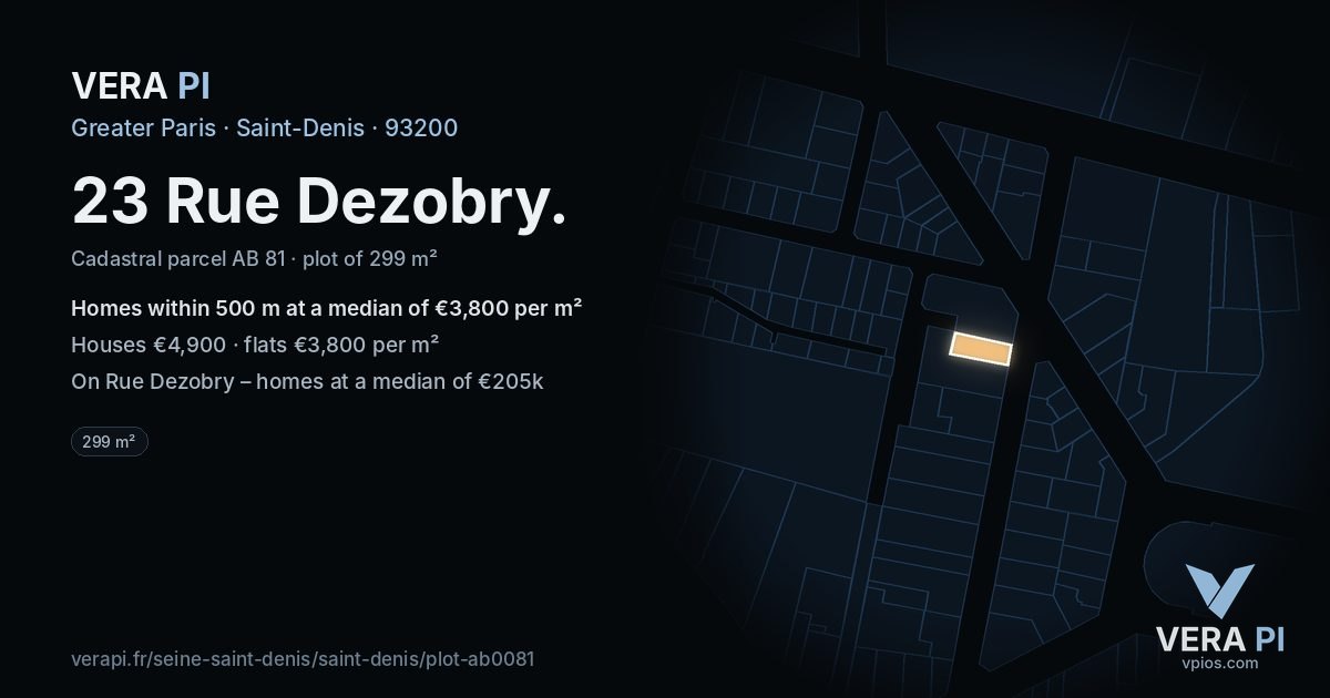 23 Rue Dezobry, Saint-Denis at night – the plot lit, the parcels around coloured by the prices near them