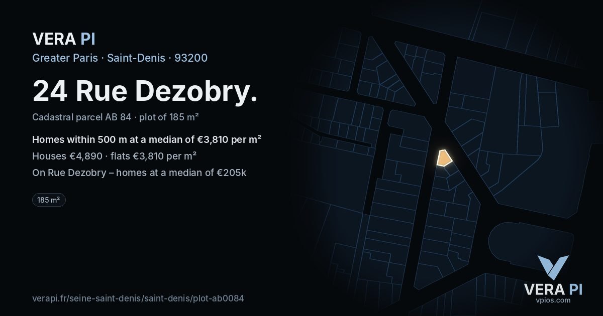 24 Rue Dezobry, Saint-Denis at night – the plot lit, the parcels around coloured by the prices near them