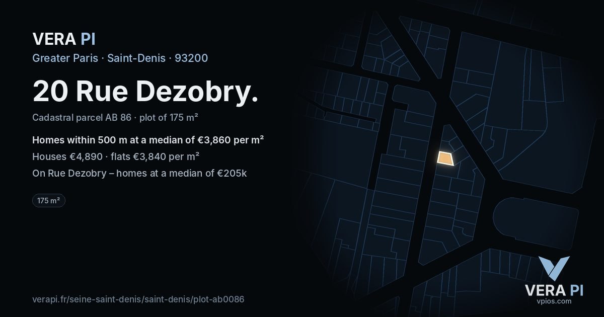 20 Rue Dezobry, Saint-Denis at night – the plot lit, the parcels around coloured by the prices near them