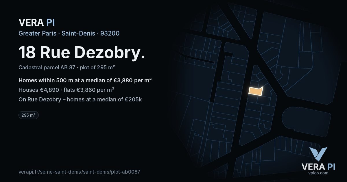 18 Rue Dezobry, Saint-Denis at night – the plot lit, the parcels around coloured by the prices near them