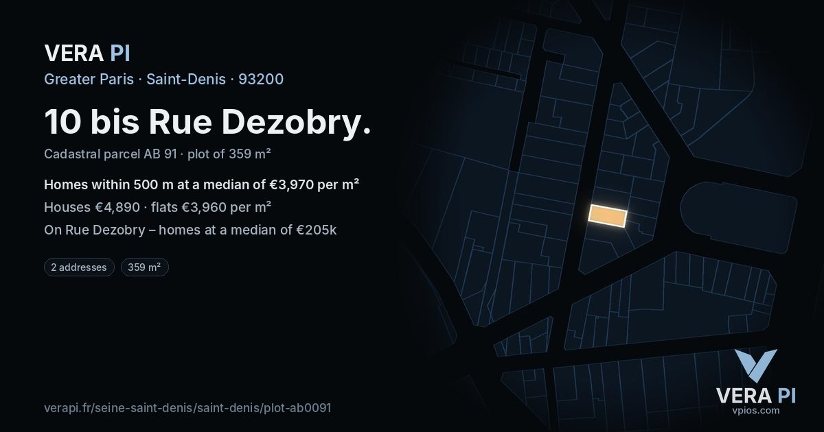 10 bis Rue Dezobry, Saint-Denis at night – the plot lit, the parcels around coloured by the prices near them