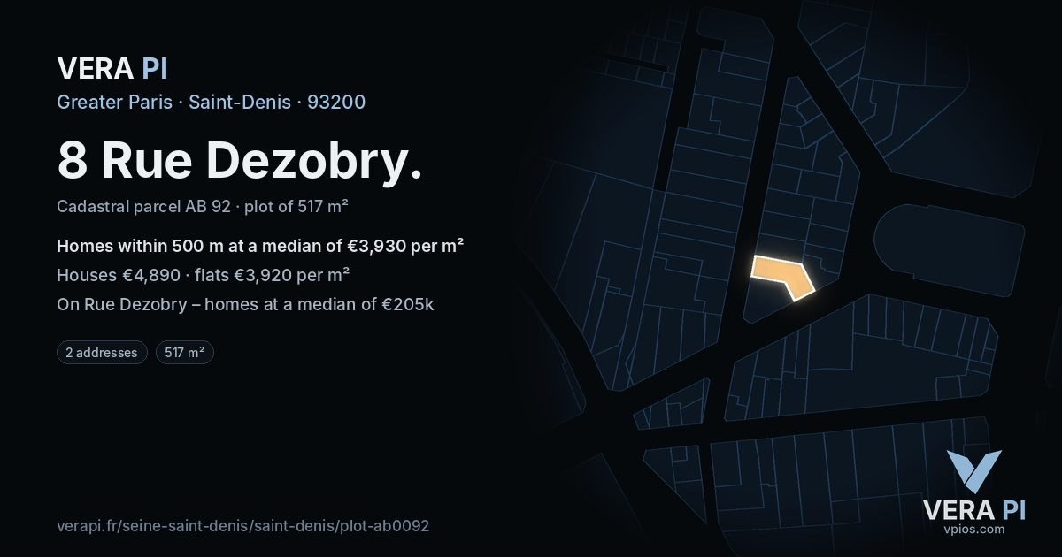 8 Rue Dezobry, Saint-Denis at night – the plot lit, the parcels around coloured by the prices near them