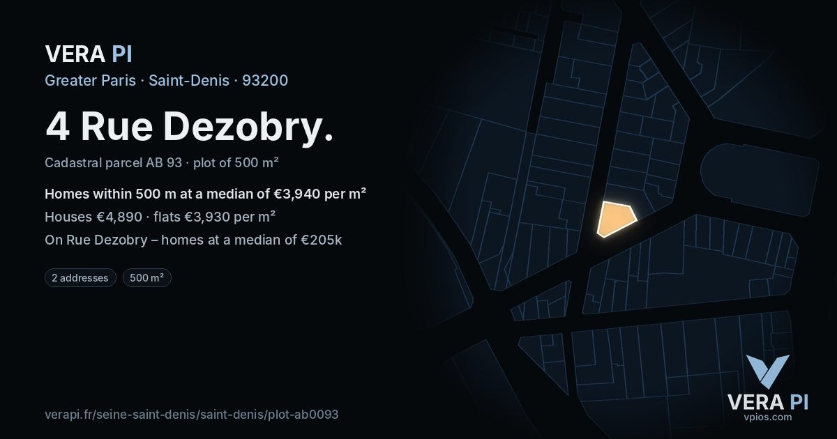4 Rue Dezobry, Saint-Denis at night – the plot lit, the parcels around coloured by the prices near them