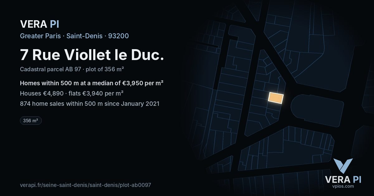 7 Rue Viollet le Duc, Saint-Denis at night – the plot lit, the parcels around coloured by the prices near them