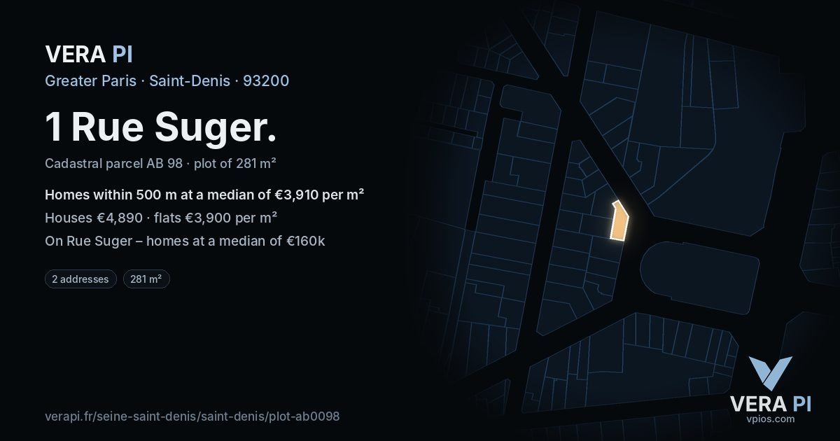 1 Rue Suger, Saint-Denis at night – the plot lit, the parcels around coloured by the prices near them
