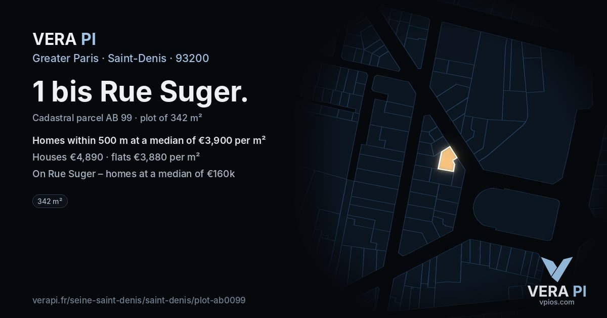1 bis Rue Suger, Saint-Denis at night – the plot lit, the parcels around coloured by the prices near them
