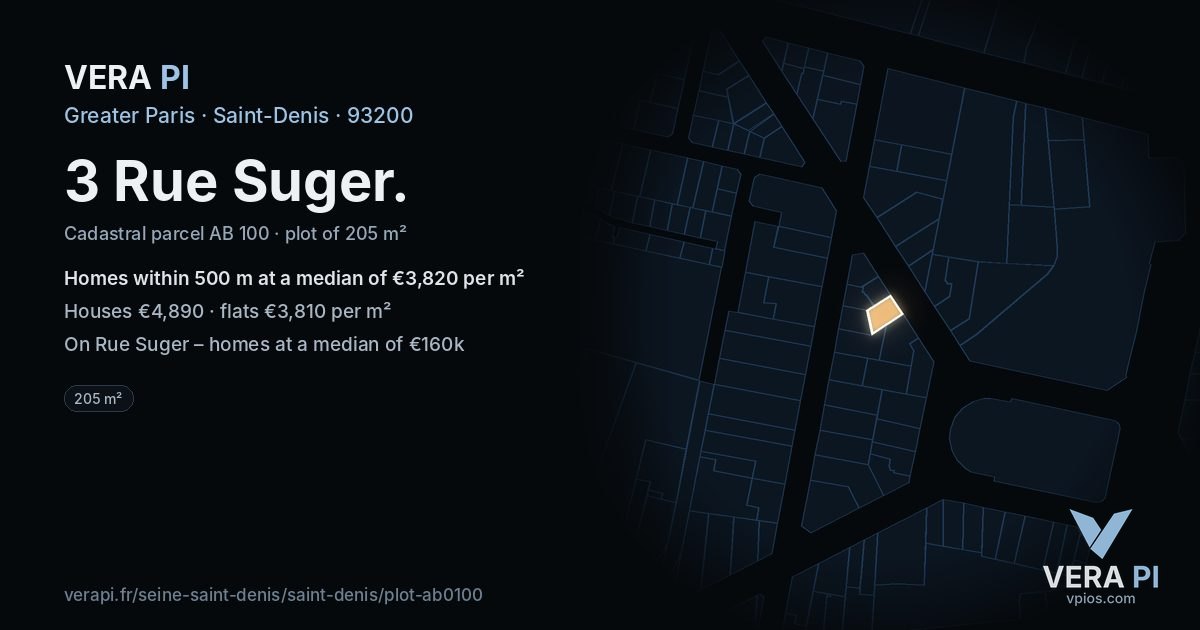 3 Rue Suger, Saint-Denis at night – the plot lit, the parcels around coloured by the prices near them