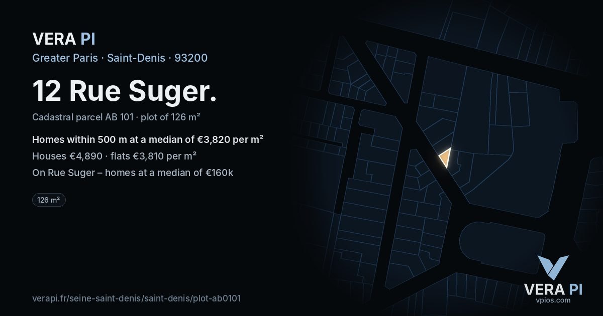 12 Rue Suger, Saint-Denis at night – the plot lit, the parcels around coloured by the prices near them